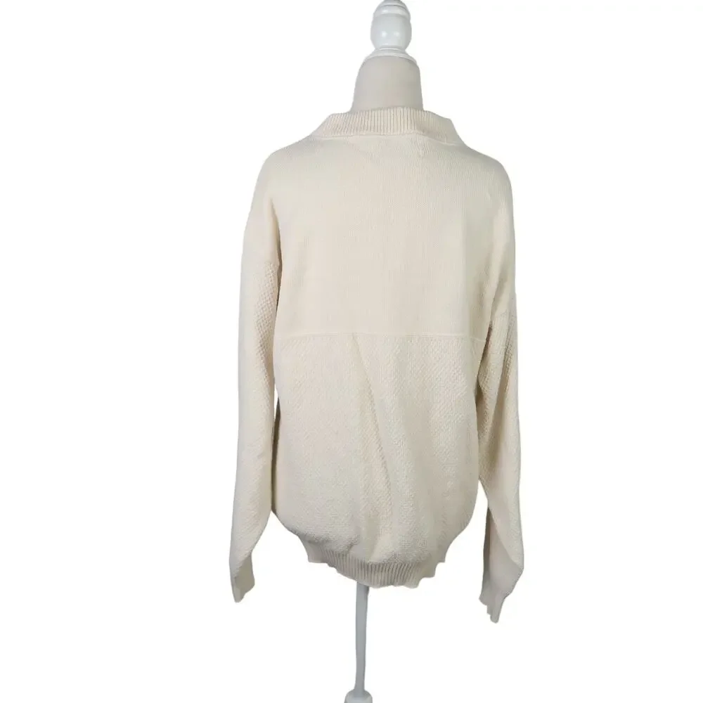 Vintage 80s Carnet Knitwear cream textured cotton knit Navy sweater Mens M